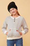 GK1361 Ivory Girls Striped Kangaroo Pocket Knit Long Sleeve Henley Front