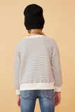 GK1361 Ivory Girls Striped Kangaroo Pocket Knit Long Sleeve Henley Back