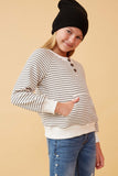 GK1361 Ivory Girls Striped Kangaroo Pocket Knit Long Sleeve Henley Side