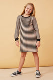 GK1362 Taupe Girls Stripe Blocked Button Detail Knit Shift Dress Full Body