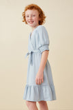 GK1366 Blue Girls Belted Smocked Cuff Surplice Dress Side