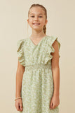 GK1371 Green Girls Floral Print Ruffled V Neck Smock Waist Dress Front