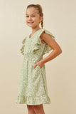 GK1371 Green Girls Floral Print Ruffled V Neck Smock Waist Dress Side