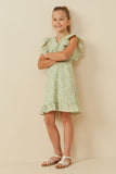 GK1371 Green Girls Floral Print Ruffled V Neck Smock Waist Dress Full Body 2