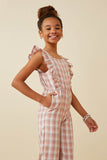 GK1387 Pink Girls Plaid Button Back Ruffled Sleeveless Jumpsuit Side