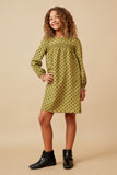 GK1405 Olive Girls Smocked Detail Polka Dot Long Sleeve Dress Full Body