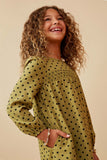 GK1405 Olive Girls Smocked Detail Polka Dot Long Sleeve Dress Side