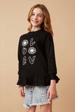 GK1416 BLACK Girls Mixed Love Graphic Drop Hem Tunic Front 2