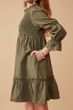 GK1446 OLIVE Girls Poplin Smocked Bodice Peasant Sleeve Dress Side