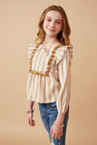 GK1447 MUSTARD Girls Textured Stripe Tasseled Bodice Top Side