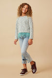 GK1515 Green Girls Feather Trimmed Long Sleeve Tweed Top Full Body