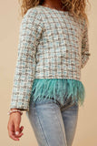 GK1515 Green Girls Feather Trimmed Long Sleeve Tweed Top Detail