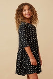 GK1572 BLACK Girls Ditsy Heart Print Asymmetric Ruffle Dress Side