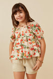 GK1607 Ivory Girls Floral Smocked Sleeve Peplum Top Front