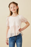 GK1681 Blush Girls Floral Contrast Panel Chiffon Peplum Top Front