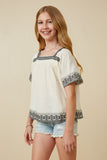 GK1809 Off White Girls Cotton Slub Textured Embroidered Square Neck Top Side