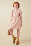 GK1839 Pink Girls Ditsy Floral Cinch Sleeve V Neck Dress Full Body