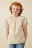 GK1893 Beige Girls Seersucker Textured Puff Sleeve Top Front 2