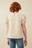 GK1893 Beige Girls Seersucker Textured Puff Sleeve Top Back