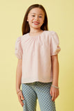 GK1893 Pink Girls Seersucker Textured Puff Sleeve Top Front