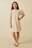 GK1894 Beige Girls Seersucker Texured V Neck Puff Sleeve Dress Full Body