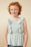 GK1930 Sage Girls Handkerchief Print Smocked Ruffle Tank Front