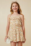 GK1933 Orange Girls Ditsy Floral Button Detail Ruffle Tank Romper Front