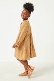 GN4117 MUSTARD Girls Ditsy Floral Tie Neck Long Sleeve Dress Side