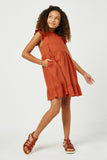 GN4121 RUST Girls Linen Look Ruffled Sleeve Keyhole Dress Full Body