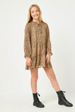 GN4129 LEOPARD Girls Leopard Print Tie Neck Ruffled Sleeve Dress Side