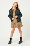 GN4129 LEOPARD Girls Leopard Print Tie Neck Ruffled Sleeve Dress Full Body