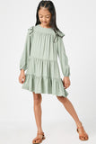 GN4157 OLIVE Girls Ruffled Shoulder Long Sleeve Dress Full Body