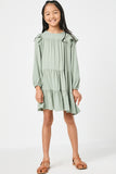 GN4157 OLIVE Girls Ruffled Shoulder Long Sleeve Dress Front