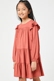 GN4157 RUST Girls Ruffled Shoulder Long Sleeve Dress Front