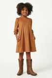 GN4213 BROWN Girls Gathered Puff Shoulder Suede Dress Full Body