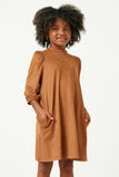 GN4213 BROWN Girls Gathered Puff Shoulder Suede Dress Front