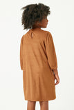 GN4213 BROWN Girls Gathered Puff Shoulder Suede Dress Back