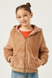 GN4234 BROWN Girls Soft Fleece Hooded Zip Up Jacket Front