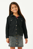 GN4256 BLACK Girls Slouchy Fit Stretch Raw Edge Detail Colored Denim Jacket Front