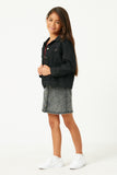 GN4256 BLACK Girls Slouchy Fit Stretch Raw Edge Detail Colored Denim Jacket Side