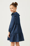 GN4269 DARK_DENIM Girls Button Up Ruffled Chambray Dress Back