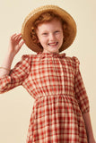 GN4314 Rust Girls Ruffle Neck Long Elbow Sleeve Plaid Dress Front