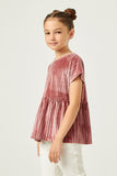 GN4423 MAUVE Girls Ribbed Velvet Round neck Babydoll Top Side 2