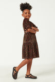 GN4430 BLACK Girls Floral Ribbed Velvet Puff Shoulder Dress Side