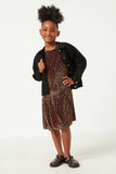 GN4430 BLACK Girls Floral Ribbed Velvet Puff Shoulder Dress Full Body