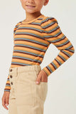 Girls Engineered Stripe Puff Shoulder Top Side