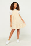 GN4478 YELLOW Girls Textured Checkered Ruffle Hem Sleeveless Dress Full Body