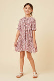 GN4575 MAUVE Girls Floral Print Tie Neck Cinch Sleeve Dress Full Body