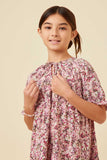 GN4575 MAUVE Girls Floral Print Tie Neck Cinch Sleeve Dress Detail