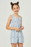 GN4581 Blue Girls Bandana Print Belted Button Detail Romper Front